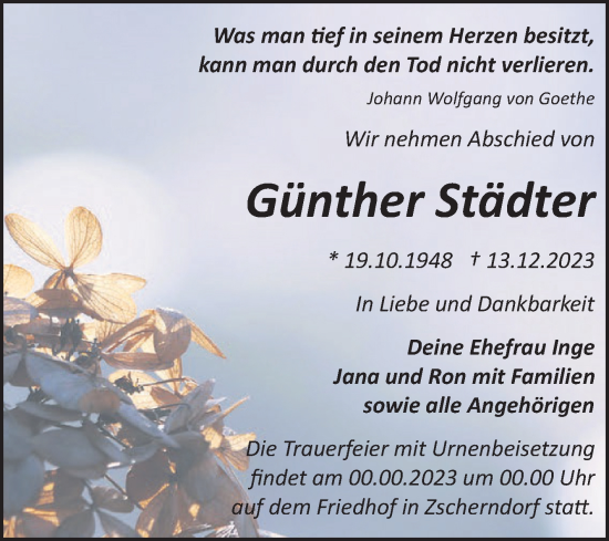 Traueranzeige von Günther Städter von Mitteldeutsche Zeitung Bitterfeld