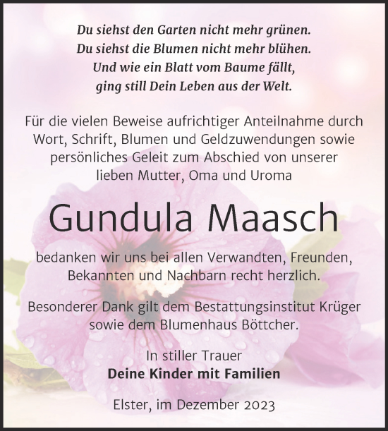 Traueranzeige von Gundula Maasch von Trauerkombi Wittenberg