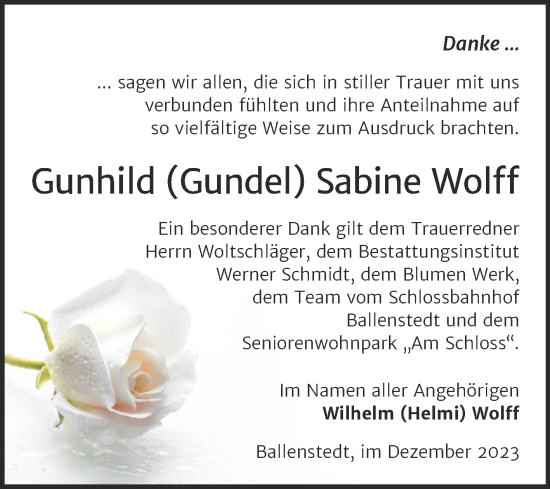 Traueranzeige von Gunhild Sabine Wolff von Trauerkombi Quedlinburg