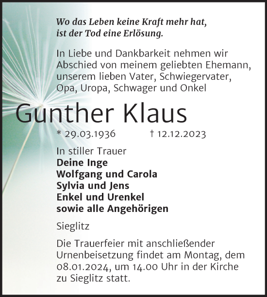 Traueranzeige von Gunther Klaus von Wochenspiegel Naumburg/Nebra