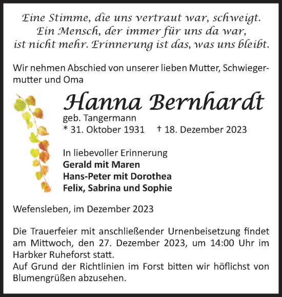 Traueranzeige von Hanna Bernhardt von Volksstimme Oschersleben/Wanzleben