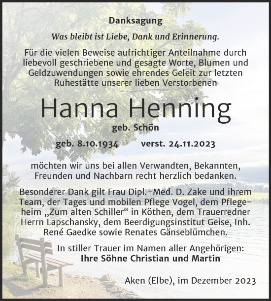 Traueranzeige von Hanna Henning von Trauerkombi Köthen