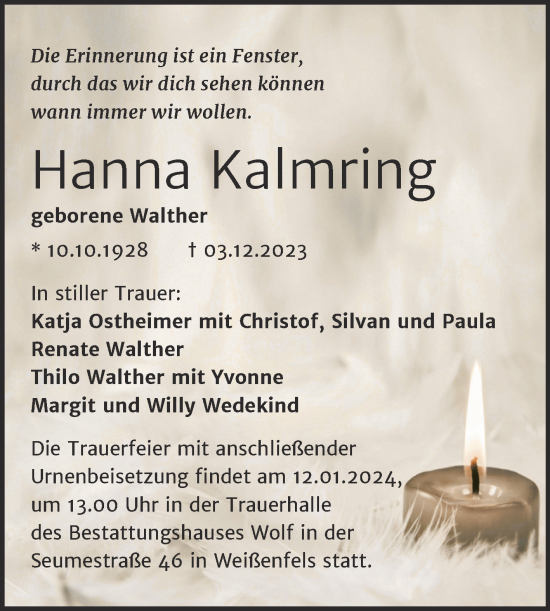 Traueranzeige von Hanna Kalmring von Trauerkombi Weißenfels