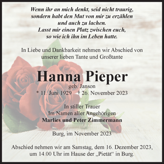 Traueranzeige von Hanna Pieper von Volksstimme Burg/Genthin