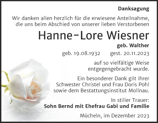 Traueranzeige von Hanne-Lore Wiesner von Trauerkombi Merseburg