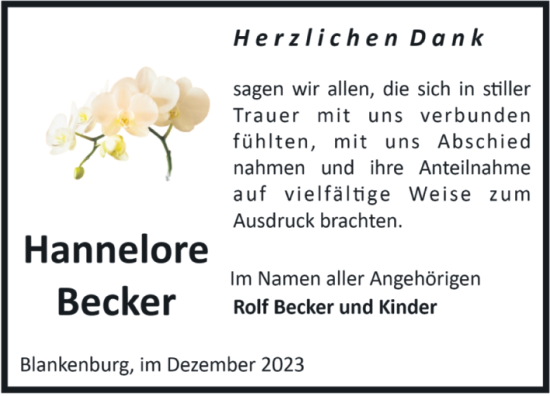 Traueranzeige von Hannelore Becker von Volksstimme Wernigerode