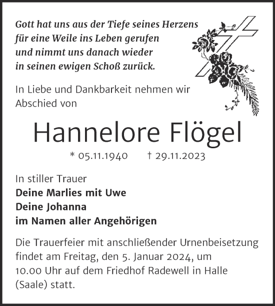 Traueranzeige von Hannelore Flögel 