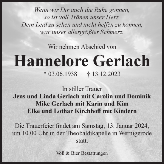 Traueranzeige von Hannelore Gerlach von Volksstimme Wernigerode