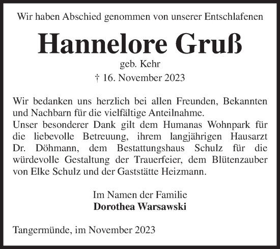 Traueranzeige von Hannelore Gruß von Volksstimme Altmark Ost