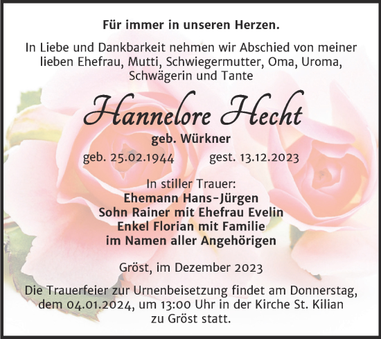 Traueranzeige von Hannelore Hecht von Trauerkombi Merseburg