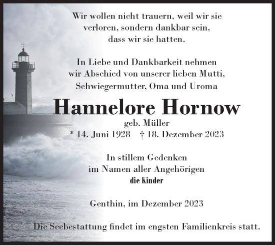 Traueranzeige von Hannelore Hornow von Volksstimme Burg/Genthin