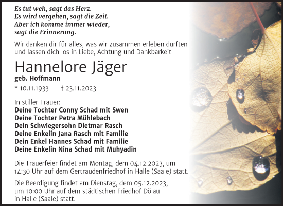 Traueranzeige von Hannelore Jäger von Mitteldeutsche Zeitung Halle/Saalkreis