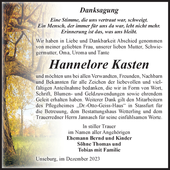 Traueranzeige von Hannelore Kasten von Volksstimme Staßfurt