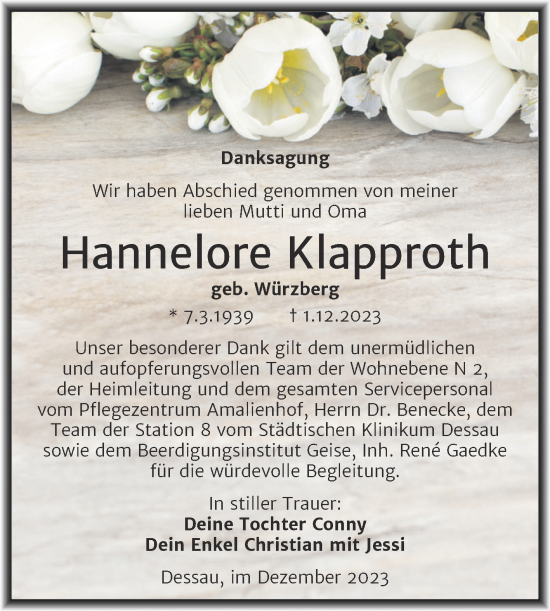 Traueranzeige von Hannelore Klapproth von Trauerkombi Dessau