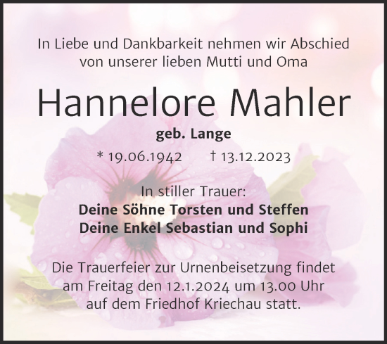 Traueranzeige von Hannelore Mahler von Trauerkombi Weißenfels