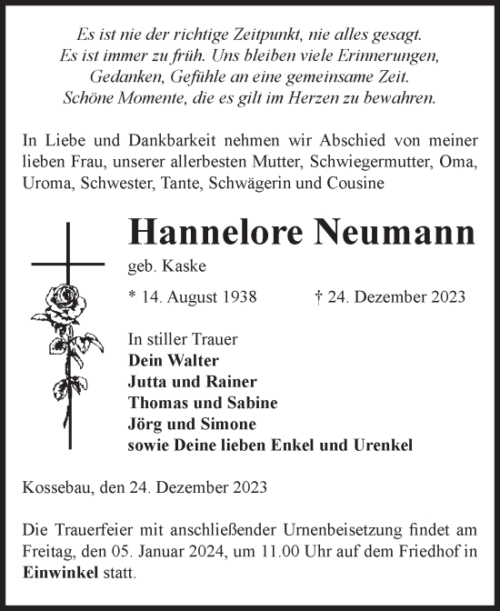 Traueranzeige von Hannelore Neumann von Volksstimme Altmark Ost