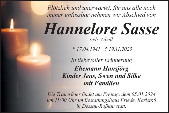 Traueranzeige von Hannelore Sasse von Trauerkombi Dessau