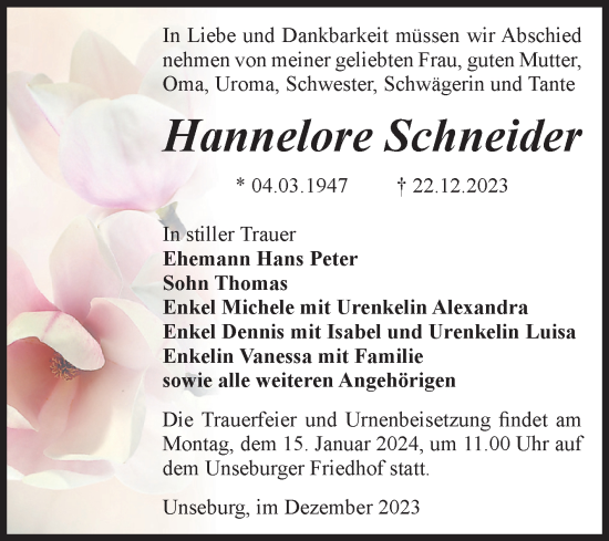 Traueranzeige von Hannelore Schneider von Volksstimme Staßfurt