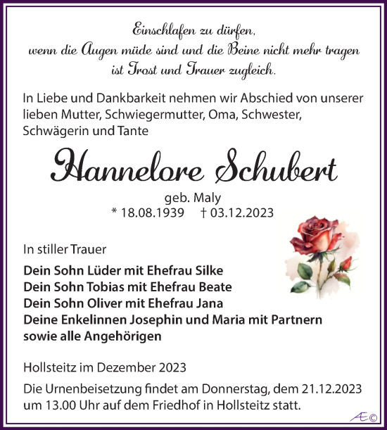 Traueranzeige von Hannelore Schubert von Trauerkombi Zeitz