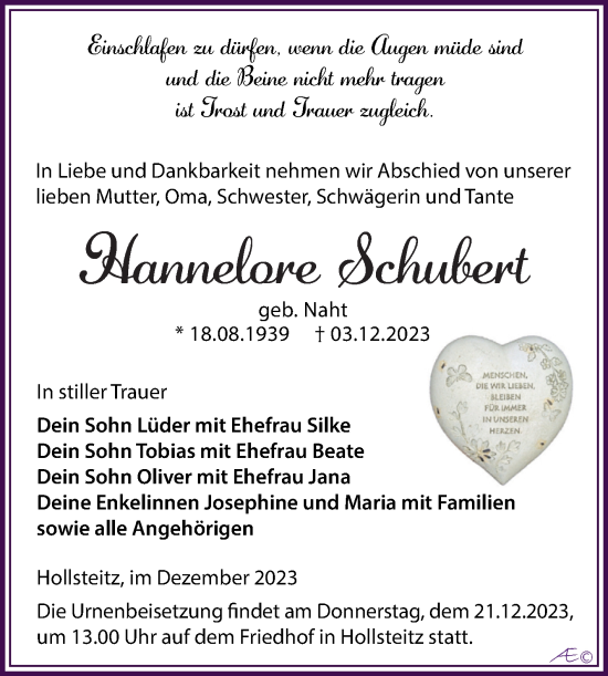 Traueranzeige von Hannelore Schubert von Trauerkombi Zeitz