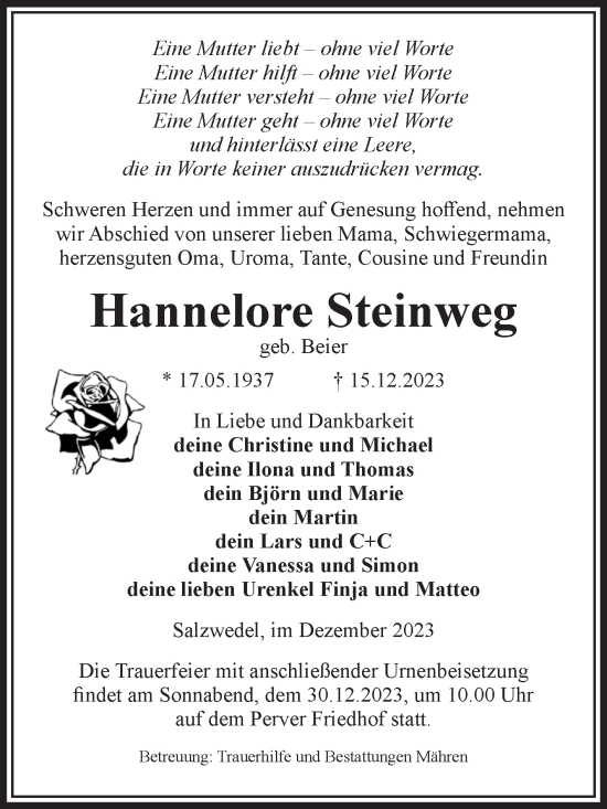 Traueranzeige von Hannelore Steinweg von Volksstimme Altmark West