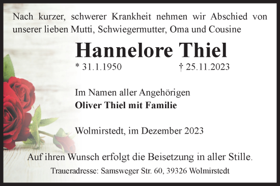 Traueranzeige von Hannelore Thiel von Volksstimme Haldensleben/Wolmirstedt