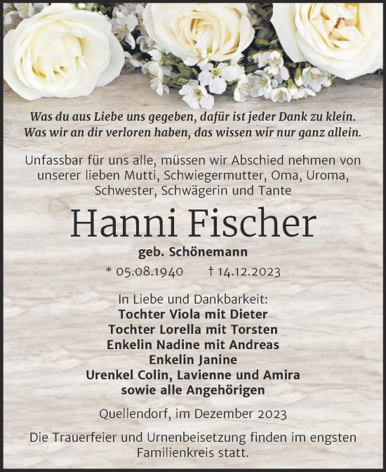 Traueranzeige von Hanni Fischer von Trauerkombi Köthen