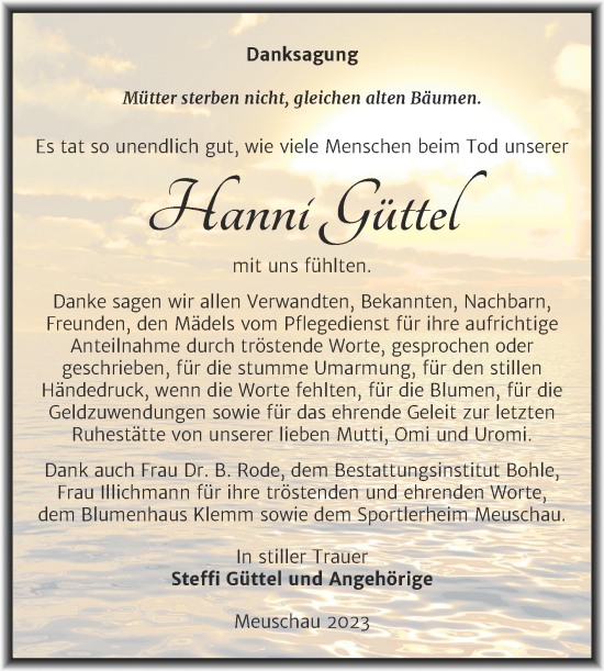 Traueranzeige von Hanni Güttel von Trauerkombi Merseburg