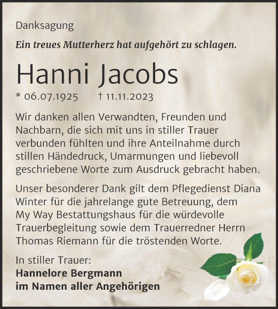 Traueranzeige von Hanni Jacobs von Trauerkombi Weißenfels