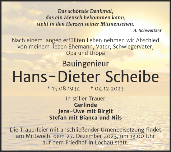 Traueranzeige von Hans-Dieter Scheibe von Trauerkombi Merseburg