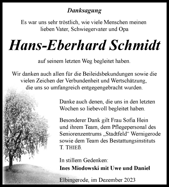 Traueranzeige von Hans-Eberhard Schmidt von Volksstimme Wernigerode