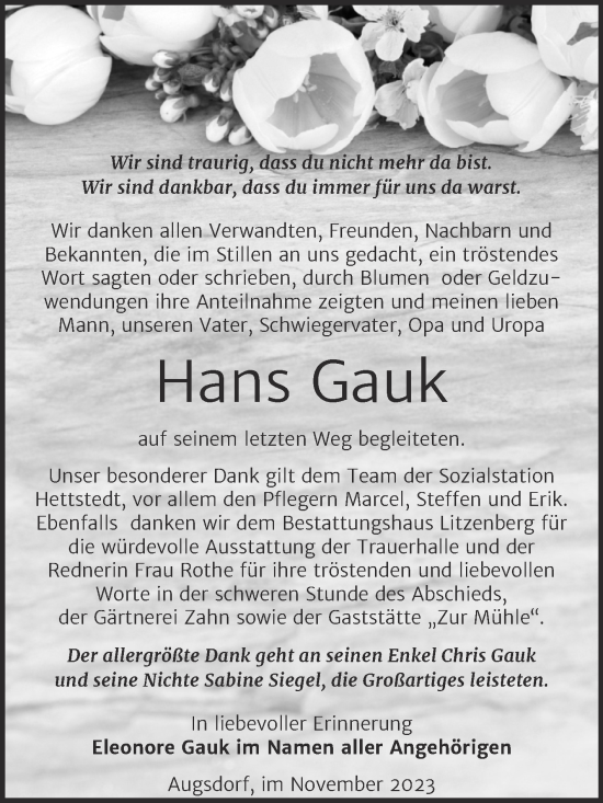 Traueranzeige von Hans Gauk von Trauerkombi Mansfelder Land
