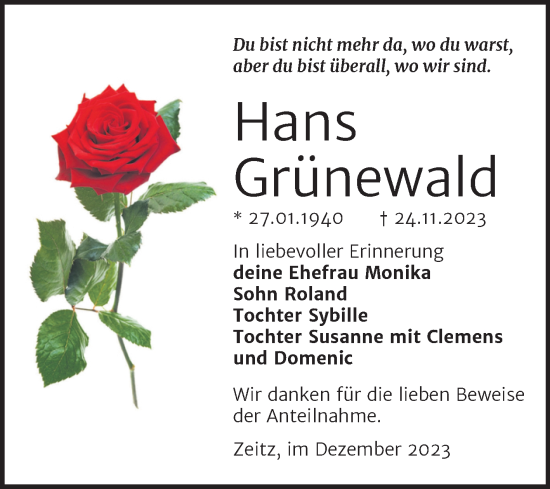 Traueranzeige von Hans Grünewald von Trauerkombi Zeitz