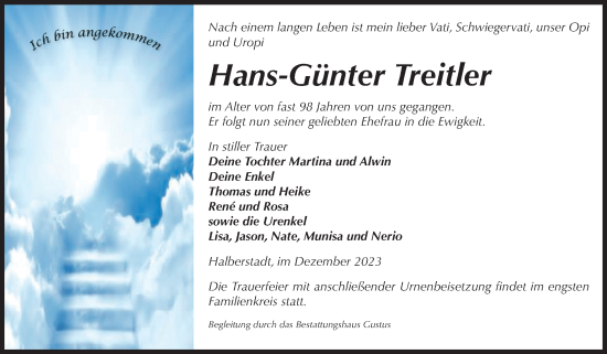 Traueranzeige von Hans-Günter Treitler von Volksstimme Halberstadt