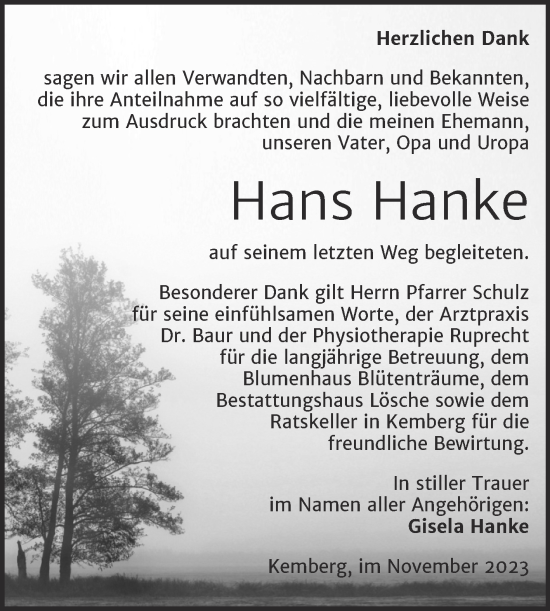 Traueranzeige von Hans Hanke von Trauerkombi Wittenberg
