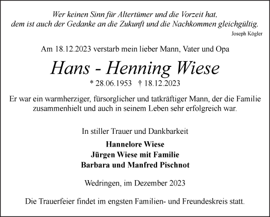 Traueranzeige von Hans-Henning Wiese von Volksstimme Haldensleben/Wolmirstedt