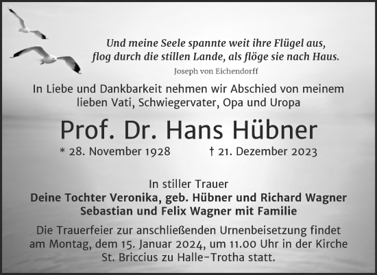 Traueranzeige von Hans Hübner von Mitteldeutsche Zeitung Halle/Saalkreis