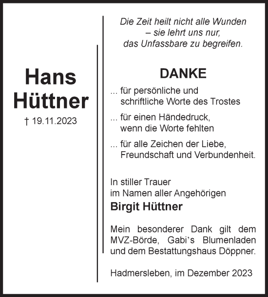 Traueranzeige von Hans Hüttner von Volksstimme Oschersleben/Wanzleben