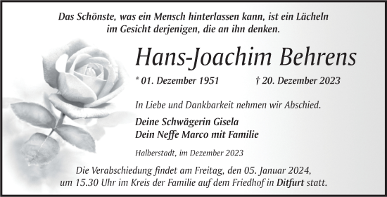 Traueranzeige von Hans-Joachim Behrens von Volksstimme Halberstadt