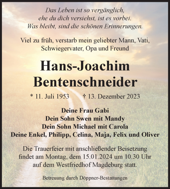 Traueranzeige von Hans-Joachim Bentenschneider von Volksstimme Magdeburg