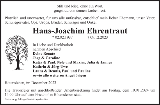 Traueranzeige von Hans-Joachim Ehrentraut von Volksstimme Oschersleben/Wanzleben