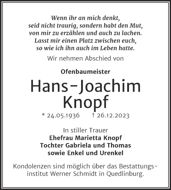 Traueranzeige von Hans-Joachim Knopf von Mitteldeutsche Zeitung Quedlingburg