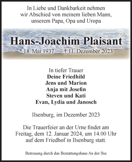 Traueranzeige von Hans-Joachim Plaisant von Volksstimme Wernigerode