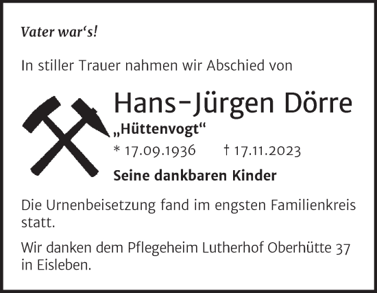 Traueranzeige von Hans-Jürgen Dörre von Trauerkombi Mansfelder Land
