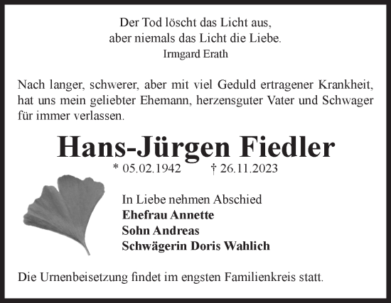 Traueranzeige von Hans-Jürgen Fiedler von Volksstimme Staßfurt