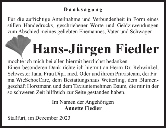 Traueranzeige von Hans-Jürgen Fiedler von Volksstimme Staßfurt