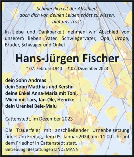 Traueranzeige von Hans-Jürgen Fischer von Volksstimme Wernigerode