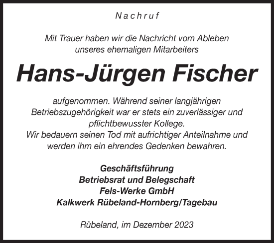 Traueranzeige von Hans-Jürgen Fischer von Volksstimme Wernigerode