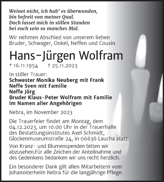 Traueranzeige von Hans-Jürgen Wolfram von Super Sonntag Naumburg/Nebra
