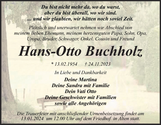 Traueranzeige von Hans-Otto Buchholz von Trauerkombi Dessau